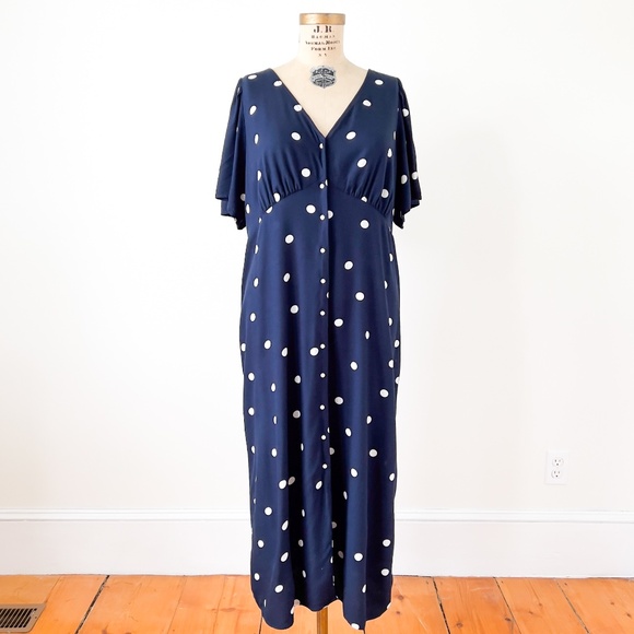 Navy Polka Dot Baby Doll Style Rayon Maxi Dress with Buttons Size XL Classic - Picture 1 of 11